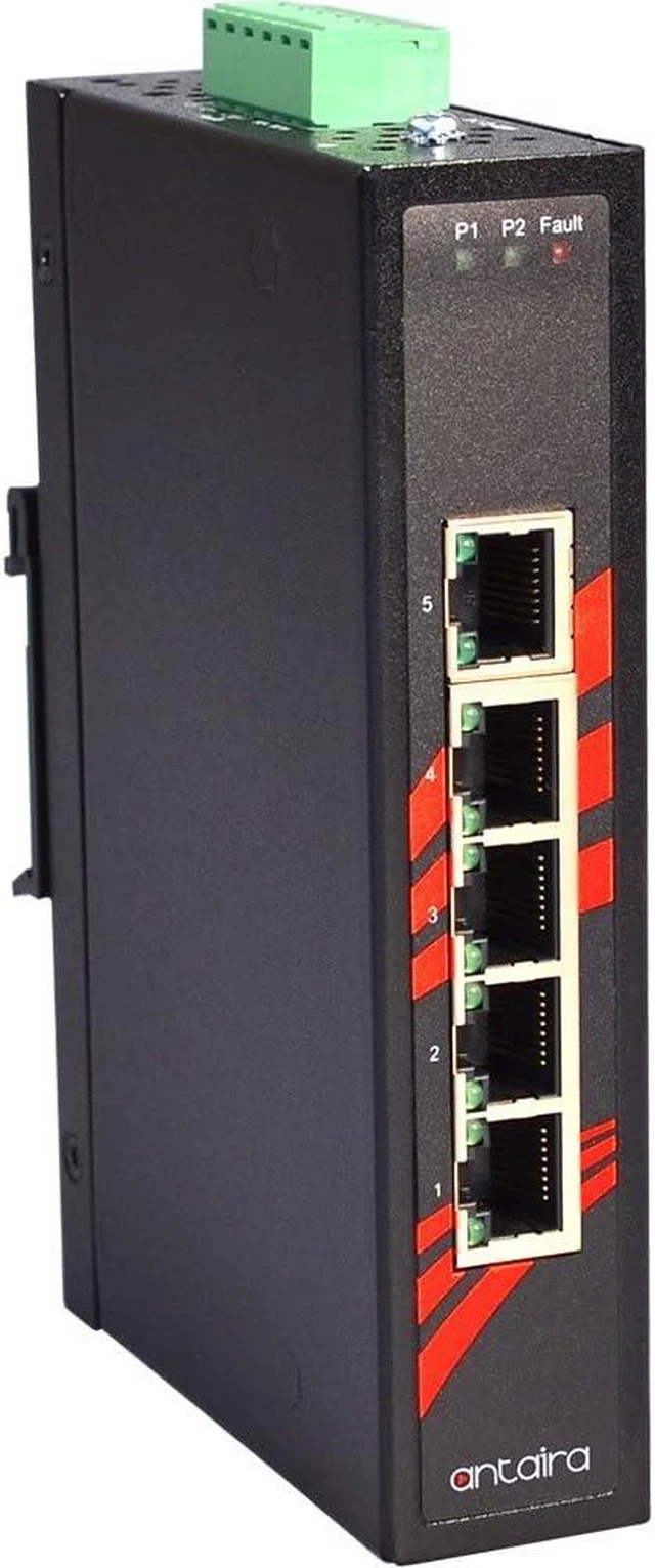 Main image of Antaira LNX-500A-T Industrial-Grade 5-Port Unmanaged Fast Ethernet Switch, DIN-Rail Mount, -40 to 75°C Operating Temperature, Redundant 12 to 48 VDC Power Input