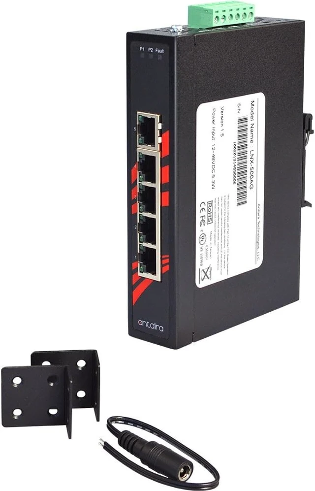 Alt view image 5 of 5 - Antaira LNX-500A-T Industrial-Grade 5-Port Unmanaged Fast Ethernet Switch, DIN-Rail Mount, -40 to 75°C Operating Temperature, Redundant 12 to 48 VDC Power Input