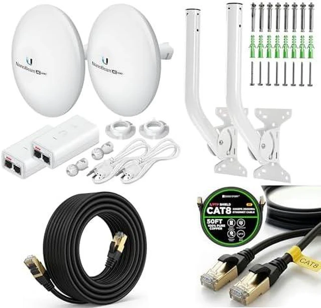 Main image of Wireless Bridge NBE-5AC-GEN2 PRE-CONFIGURED Bundle of 2 Ubiquiti NanoBeam 5AC GEN2, 2 J-Pole Mount and 2 50FT CAT 8 Cable- Point-to-Point Wi-Fi Bridge, Plug and Play, 450+ Mbps Speed, 15Km
