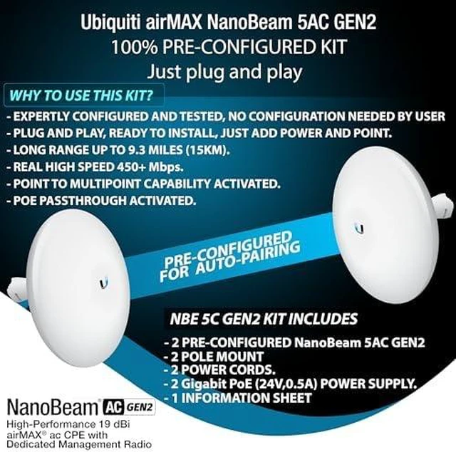 Alt view image 4 of 7 - Wireless Bridge NBE-5AC-GEN2 PRE-CONFIGURED Bundle of 2 Ubiquiti NanoBeam 5AC GEN2, 2 J-Pole Mount and 2 50FT CAT 8 Cable- Point-to-Point Wi-Fi Bridge, Plug and Play, 450+ Mbps Speed, 15Km