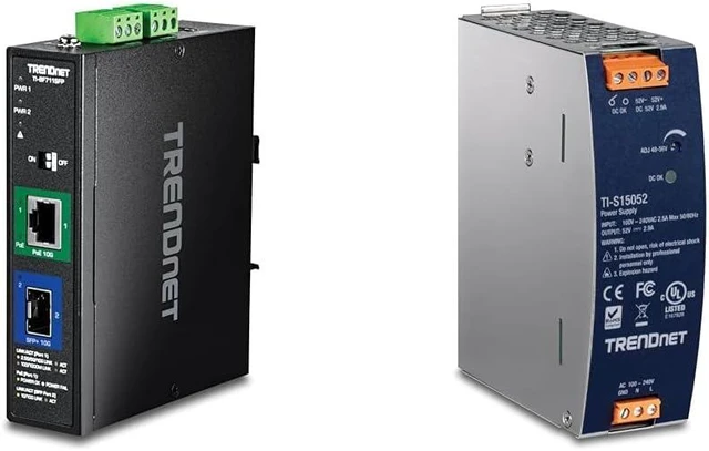 Main image of Bundle: TRENDnet Industrial 10G SFP+ to 10G PoE++ Media Converter, TI-BF711SFP + TRENDnet 150W, 52V DC, 2.89A AC to DC DIN-Rail Power Supply, TI-S15052