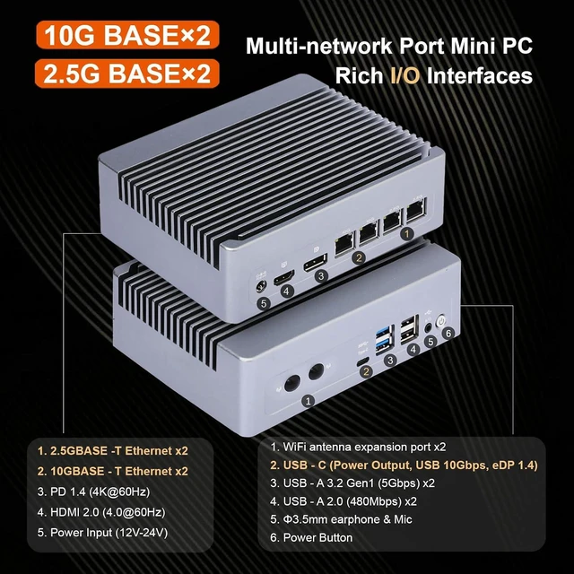 Alt view image 3 of 6 - N150 Fanless Mini PC Firewall, 2x10G Marvell LAN + 2xi226 2.5GbE LAN, DDR5 Single Slot, 2x M.2 NVMe, HDMI DP, Type-C, Support PVE ESXi OPNsense, Soft Router NAS Micro Computer, No RAM No SSD