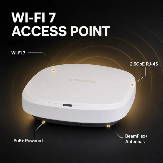 Alt view image 2 of 7 - Ruckus R370 Wi-Fi 7 Indoor Access Point Dual-Band 3.57 Gbps, 2x2:2 BeamFlex+ Adaptive Antennas, 256 Devices, 1× 2.5GbE RJ-45 Managed via Ruckus One, SmartZone, or Unleashed (901-R370-US02)