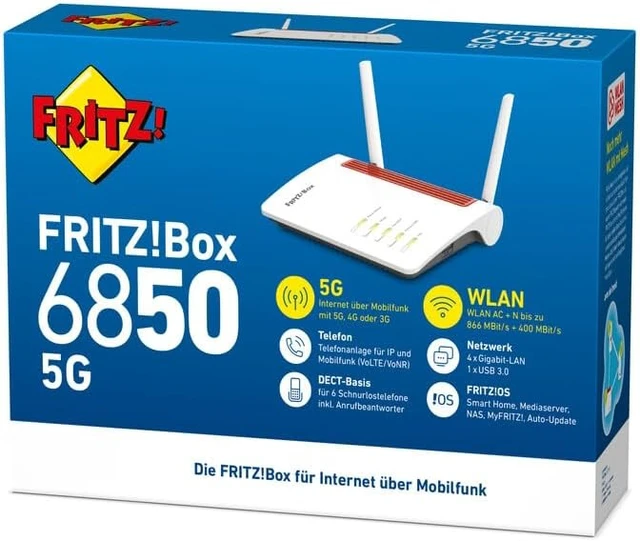 Alt view image 6 of 7 - AVM Fritz!Box 6850 5G (mobile Internet up to 1300 Mbit/s, WLAN AC + N 866 Mbps (5 GHz) and 400 Mbps (2.4 GHz), 4 x Gigabit LAN, DECT base, USB 3.0, suitable for Germany)