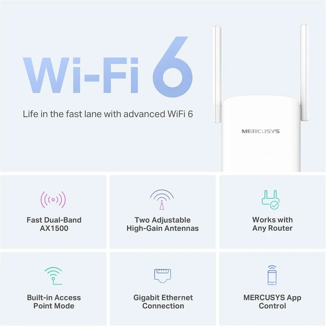 Alt view image 3 of 7 - Mercusys TP-Link ME1500X WiFi Repeater 6 AX1500Mbps Gigabit Ethernet Connectivity High Performance Home Wi-Fi Repeater Compatible with All Internet Boxes 2 External Antennas WPA3-PSK