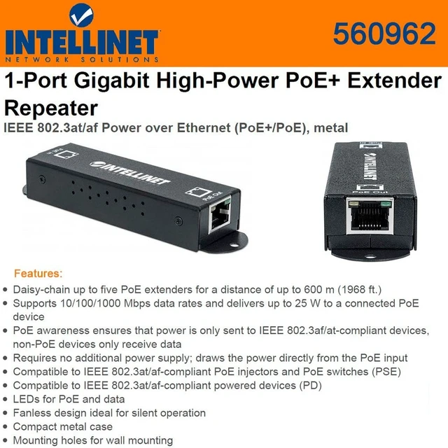 Alt view image 2 of 2 - Intellinet Network Solutions 560962 Gigabit High Power PoE+ Extender Repeater