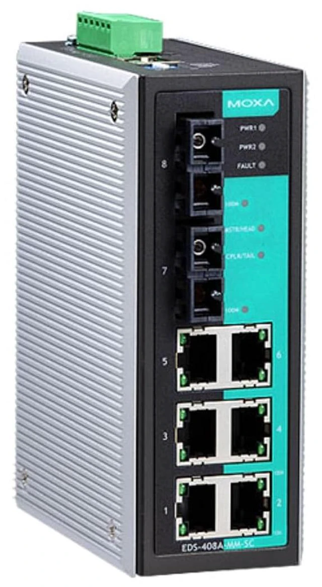 Main image of MOXA EDS-408A-MM-SC Entry Level Managed Ethernet Switch with 6 10/100 BaseTx Ports, 2 Multi Mode 100 BaseFx Ports with Port Base VLAN, and QoS, 0~60, SC Connector