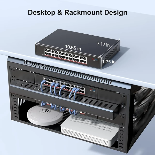 Alt view image 6 of 7 - 2.5Gb Ethernet Switch 24 Port Unmanaged, VunLink 24×2.5GbE RJ45 Multi-Gigabit Network Switch, Plug & Play, Rackmount/Desktop, Fanless Metal Design for NAS, Gaming, Office & Home Network