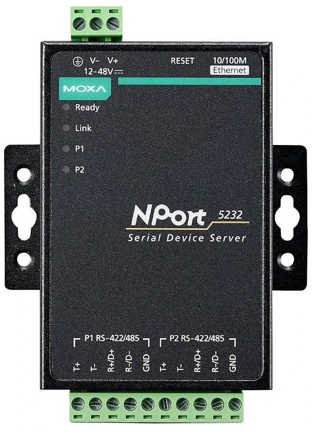 Main image of MOXA NPort 5232 w/Adapter - 2 Ports RS-422/485 Device Server, 10/100 Ethernet, Terminal Block, 15KV ESD, 12-30VDC, 0 to 55°C Operating Temperature