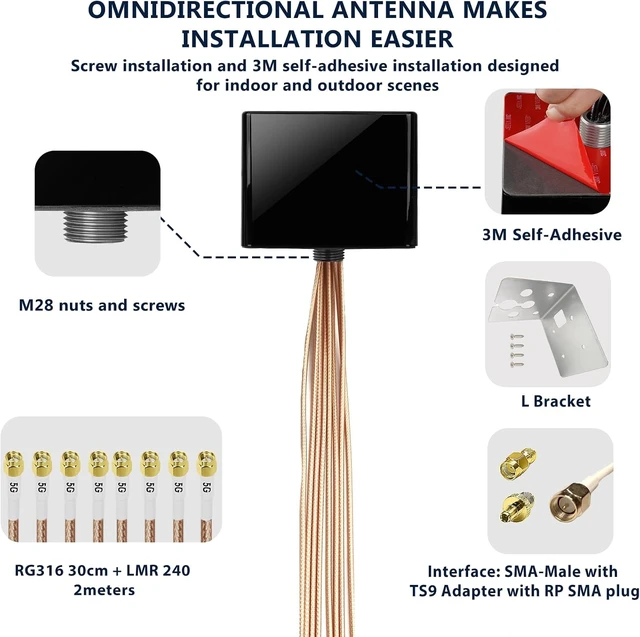 Alt view image 5 of 7 - Maswell 4G LTE 5G Antenna 8X8 MIMO Outdoor, Up to 6dBi, Cross Polarized 600-8000MHz Cellular Omni External Antenna for Routers & Gateways for T-Mobile Verizon AT&T, SMA-Male & TS9 & RP-SMA