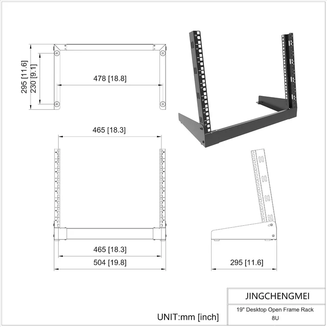 Alt view image 3 of 7 - 8U Desktop Server Rack 2-Post Free Standing Tabletop Rack 19"W