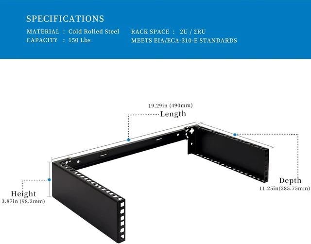 Alt view image 3 of 6 - RackPath 2U Wall Mount Network Rack - Patch Panel Bracket for Server and Network Equipment 11.25 inch Deep Heavy Duty 150lbs Capacity