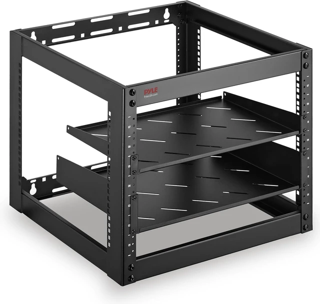 Main image of Pyle 10U Advanced Open Frame Server Rack - Wall Mount Network Rack, Networking & AV Gear - Heavy-Duty 19" Equipment, Includes 1U & 2U Vented Shelves for Airflow, Lockable Wheels - 440 lbs Capacity