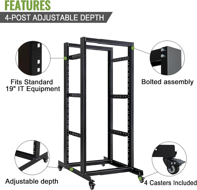 Alt view image 4 of 7 - 4-Post Adjustable 27U Mobile Open Frame Server Rack, 19in Network Rack with Wheels, Rolling Rack for Computer/AV/Data/IT Equipment - Casters, Leveling Feet Or Floor Mounting