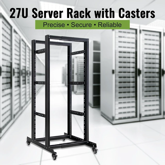 Alt view image 6 of 7 - 4-Post Adjustable 27U Mobile Open Frame Server Rack, 19in Network Rack with Wheels, Rolling Rack for Computer/AV/Data/IT Equipment - Casters, Leveling Feet Or Floor Mounting