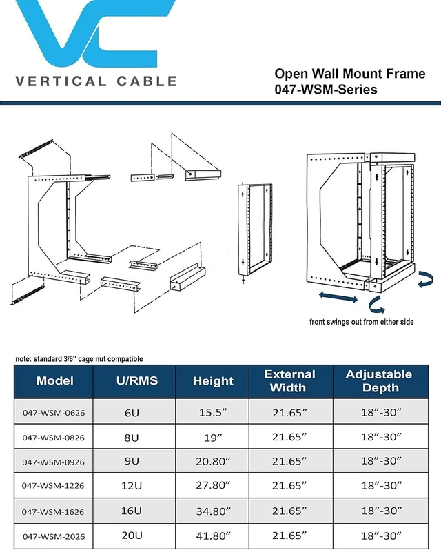 Main image of Vertical Cable 20U Open Wall Mount Frame Rack with Hinge - Adjustable Depth 18"-30" 047-WSM-2026