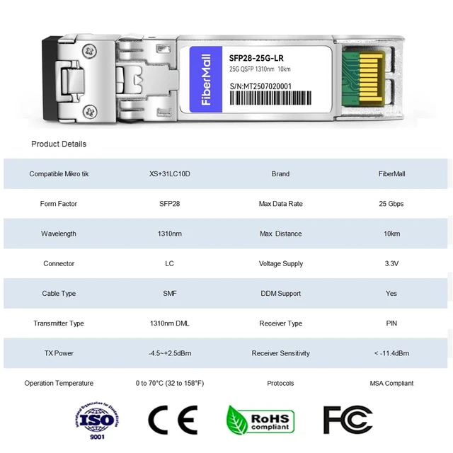 Alt view image 2 of 4 - 25G SFP28 SFP+ LR Optical Transceiver Module Compatible with Mikro TIK XS+31LC10D 25GBASE-LR SFP28 1310nm 10km DOM LC SMF