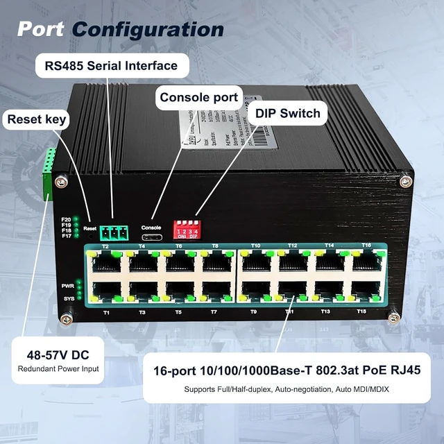 Alt view image 2 of 7 - Industrial L2+ Managed 16 Port PoE Ethernet Switch