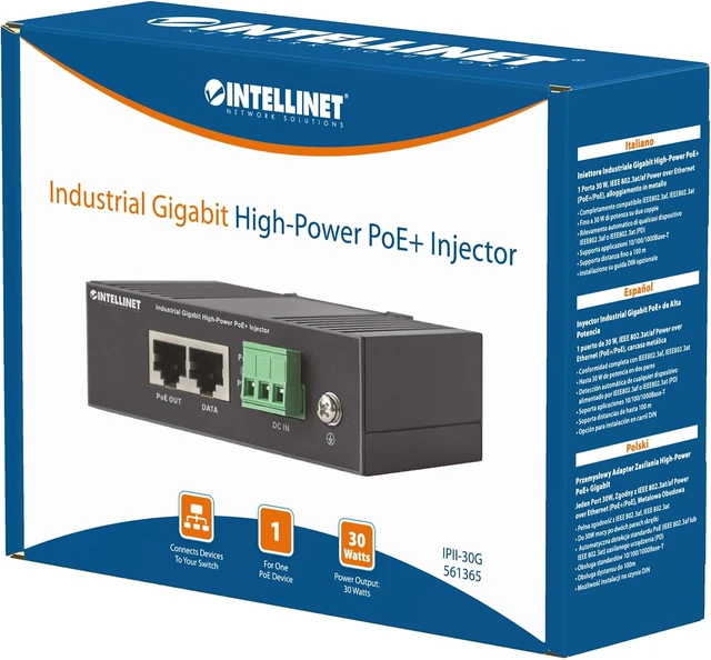 Alt view image 6 of 6 - Intellinet Industrial Gigabit PoE+ Injector, 30W, IP30, DIN-Rail Mount