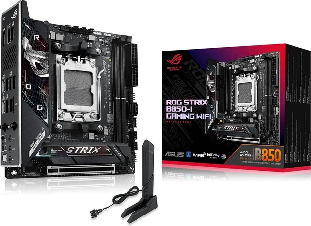 Main image of ASUS ROG Strix B850-I Gaming WiFi AMD AM5 B850 Mini-ITX mITX Motherboard 10+2+1 Stages, DDR5, 2.5G LAN, WiFi 7, 2X M.2, PCIe® 5.0 x16, USB 20Gbps Type-C®, AI Overclocking, AI Networking II, Aura Sync