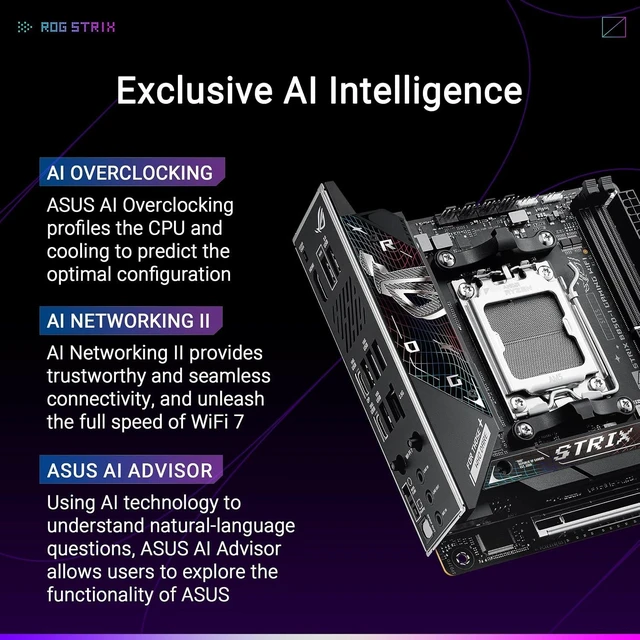 Alt view image 2 of 7 - ASUS ROG Strix B850-I Gaming WiFi AMD AM5 B850 Mini-ITX mITX Motherboard 10+2+1 Stages, DDR5, 2.5G LAN, WiFi 7, 2X M.2, PCIe® 5.0 x16, USB 20Gbps Type-C®, AI Overclocking, AI Networking II, Aura Sync