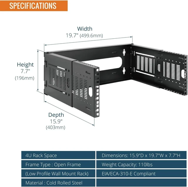 Alt view image 2 of 7 - Tecmojo 4U Wall Mount Network Rack, 19" Open Frame Patch Panel Bracket with Adjustable Depth 9.7-15.9 in, Fits Shallow IT Equipments, 110 lbs Capacity, EIA-310 Compliant