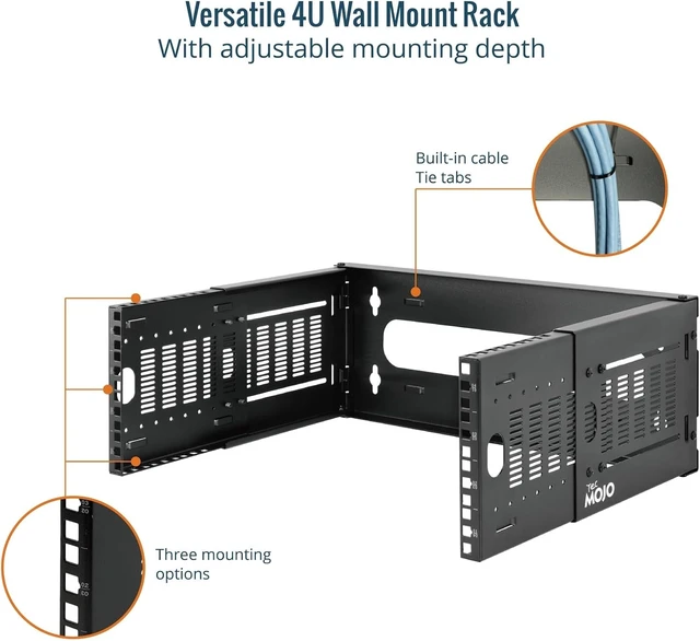 Alt view image 5 of 7 - Tecmojo 4U Wall Mount Network Rack, 19" Open Frame Patch Panel Bracket with Adjustable Depth 9.7-15.9 in, Fits Shallow IT Equipments, 110 lbs Capacity, EIA-310 Compliant