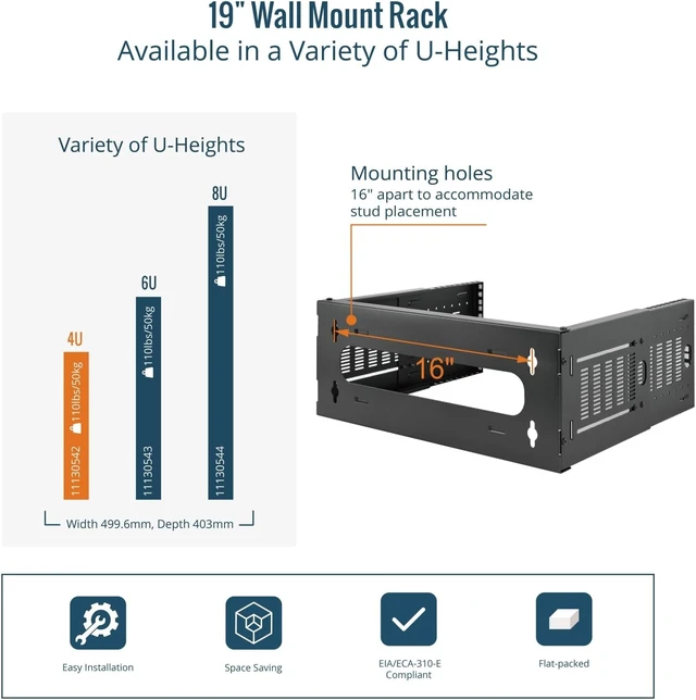 Alt view image 6 of 7 - Tecmojo 4U Wall Mount Network Rack, 19" Open Frame Patch Panel Bracket with Adjustable Depth 9.7-15.9 in, Fits Shallow IT Equipments, 110 lbs Capacity, EIA-310 Compliant