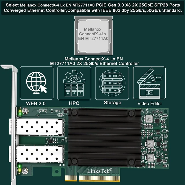 Alt view image 2 of 7 - CX4121A Dual 25Gb/s SFP28 Fiber Ports Intelligent RDMA Ethernet Adapter for Virtualization and Storage Servers, Mellanox ConnectX-4 Lx EN MT27711A0 Ethernet Controller, 2X 25GbE PCIE 3.0 x8 NIC Card