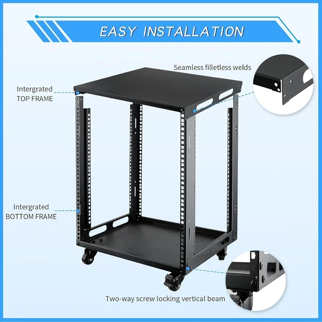 Alt view image 2 of 7 - 12U Open Frame Server Rack with Wheels Free Standing Network Server Rack for Servers & AV Gear Black