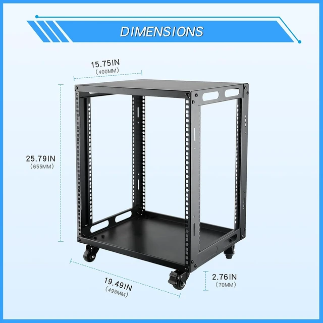 Alt view image 3 of 7 - 12U Open Frame Server Rack with Wheels Free Standing Network Server Rack for Servers & AV Gear Black