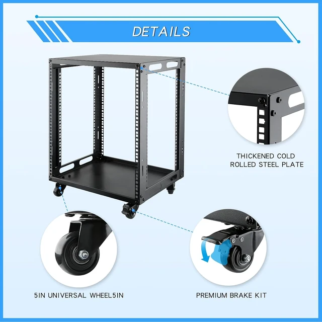 Alt view image 4 of 7 - 12U Open Frame Server Rack with Wheels Free Standing Network Server Rack for Servers & AV Gear Black