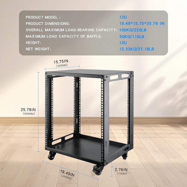 Alt view image 5 of 7 - 12U Open Frame Server Rack with Wheels Free Standing Network Server Rack for Servers & AV Gear Black