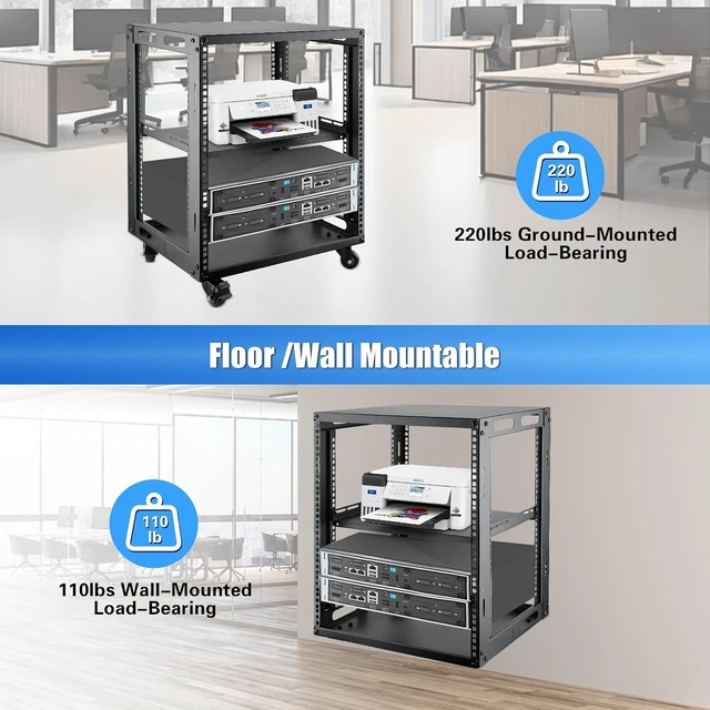Alt view image 7 of 7 - 12U Open Frame Server Rack with Wheels Free Standing Network Server Rack for Servers & AV Gear Black