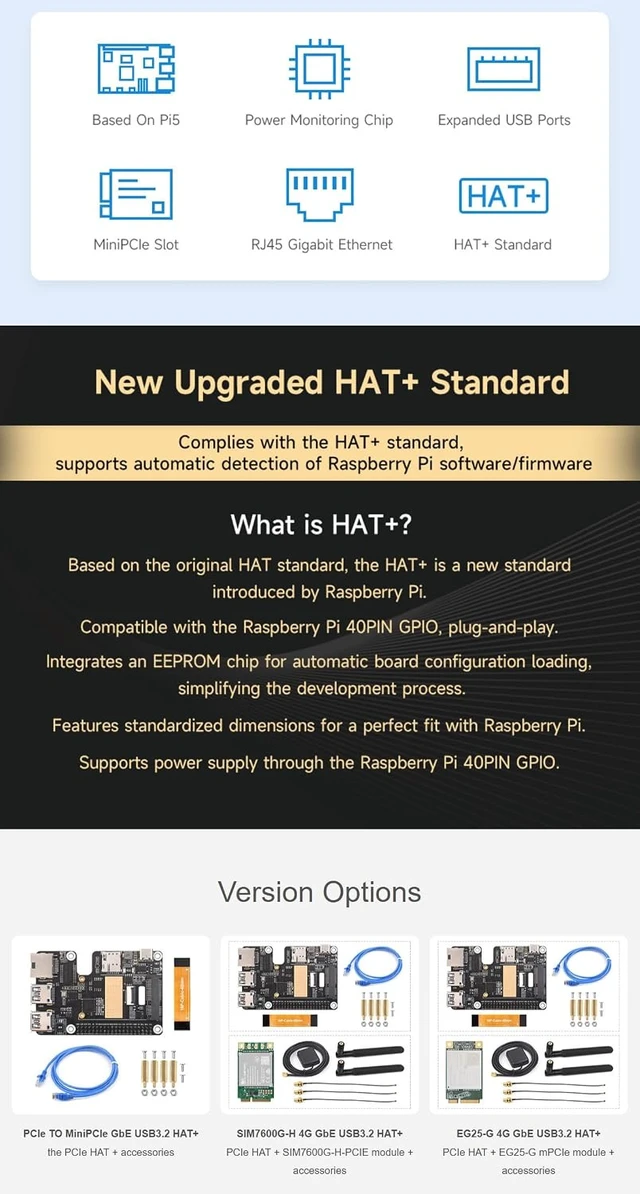 Alt view image 2 of 7 - PCIe to MiniPCIe/Gigabit Ethernet/USB 3.2 Gen1 HAT for Raspberry Pi 5 Supports MiniPCIe Interface 4G Module, High-Speed Networking @XYGStudy (EG25-G 4G GbE USB3.2 HAT+)