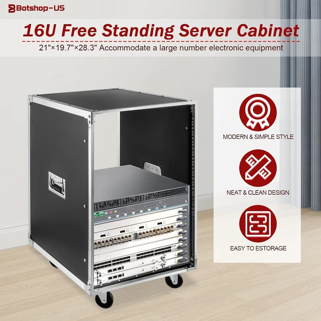 Alt view image 2 of 7 - 16U Network Open Frame Server Rack 28.3" Server Cabinet Free Standing AV Case Rack with Wheels Rolling Network Rack for Networking IT Equipment Telecom Audio Video Gear Router