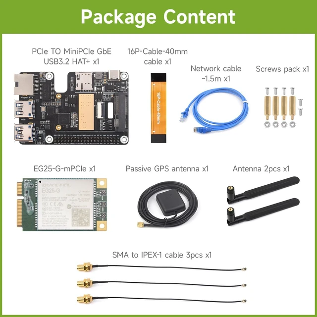 Alt view image 2 of 7 - Waveshare PCIe to MiniPCIe/Gigabit Ethernet/USB 3.2 Gen1 HAT, Compatible with Raspberry Pi 5, Supports MiniPCIe Interface 4G Module, High-Speed Networking, Include EG25-G MPCIE 4G Module