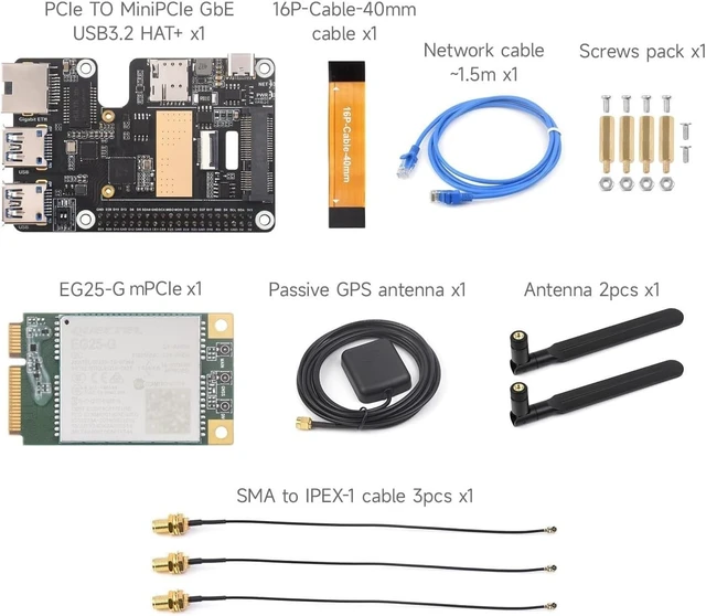 Alt view image 2 of 7 - PCIe to MiniPCIe/Gigabit Ethernet/USB 3.2 Gen1 HAT for Raspberry Pi 5, Supports MiniPCIe Interface 4G Module, High-Speed Networking, EG25-G mPCIe Module Include (EG25-G 4G GbE USB3.2 HAT+)