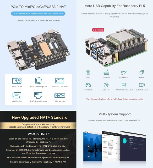 Alt view image 5 of 7 - PCIe to MiniPCIe/Gigabit Ethernet/USB 3.2 Gen1 HAT for Raspberry Pi 5, Supports MiniPCIe Interface 4G Module, High-Speed Networking, EG25-G mPCIe Module Include (EG25-G 4G GbE USB3.2 HAT+)