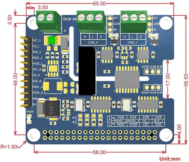 Alt view image 7 of 7 - waveshare 2-Channel(2-CH) Isolated CAN FD Expansion HAT for Raspberry Pi with Multi Onboard Protection Circuits Original CAN 2.0 Protocol up to 8Mbps Data Rate