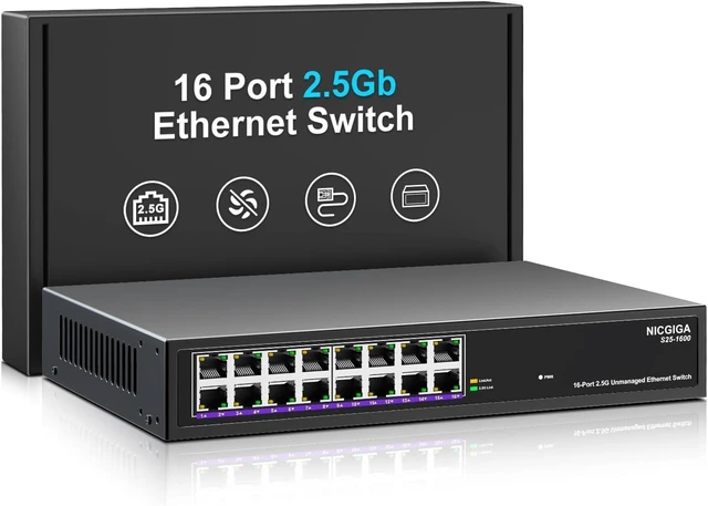 Main image of 16 Port 2.5Gb Ethernet Switch Unmanaged, NICGIGA 16 Port 2.5G Network Switch, Plug & Play, Desktop or 19-inch Rack Mount, Fanless Metal Design.