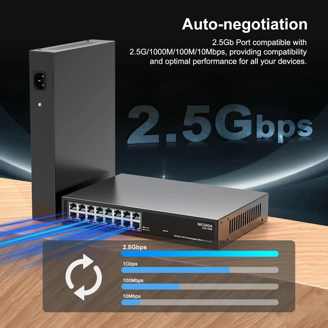 Alt view image 3 of 7 - 16 Port 2.5Gb Ethernet Switch Unmanaged, NICGIGA 16 Port 2.5G Network Switch, Plug & Play, Desktop or 19-inch Rack Mount, Fanless Metal Design.