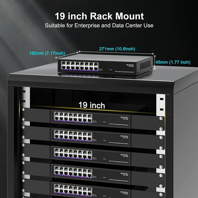 Alt view image 6 of 7 - 16 Port 2.5Gb Ethernet Switch Unmanaged, NICGIGA 16 Port 2.5G Network Switch, Plug & Play, Desktop or 19-inch Rack Mount, Fanless Metal Design.