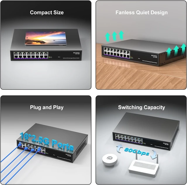 Alt view image 7 of 7 - 16 Port 2.5Gb Ethernet Switch Unmanaged, NICGIGA 16 Port 2.5G Network Switch, Plug & Play, Desktop or 19-inch Rack Mount, Fanless Metal Design.
