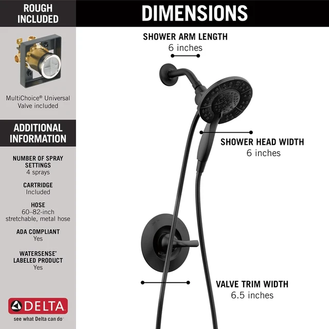 Alt view image 3 of 7 - Delta Arvo 14 Series Matte Black Shower Faucet Set with In2ition 2-in-1 Dual Shower Head with HandHeld Spray Combo, Valve Trim Kit, Matte Black 142840-BL-I (Valve Included)