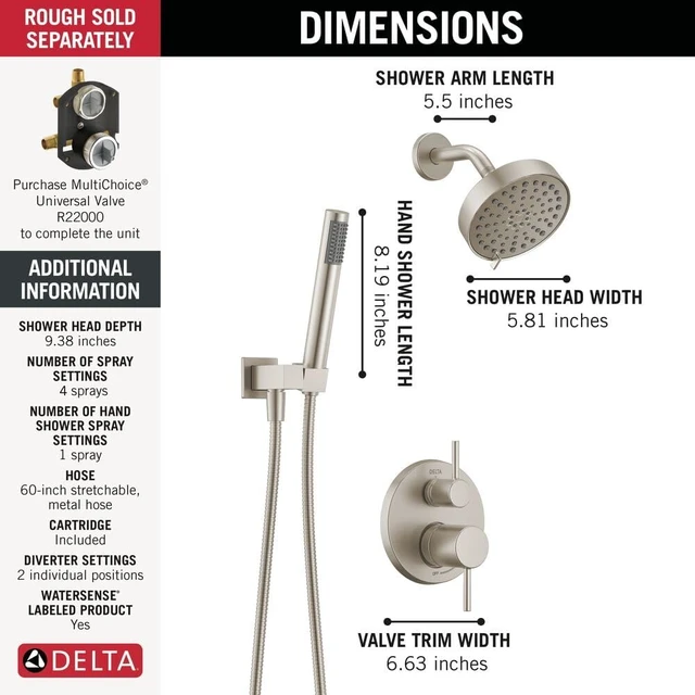 Alt view image 4 of 7 - Delta Modern Round Shower System Faucet Set, Brushed Nickel 6-inch Shower Head and Handle Set, Valve Trim Kit, SpotShield Stainless T342704-SP (Valve Not Included)