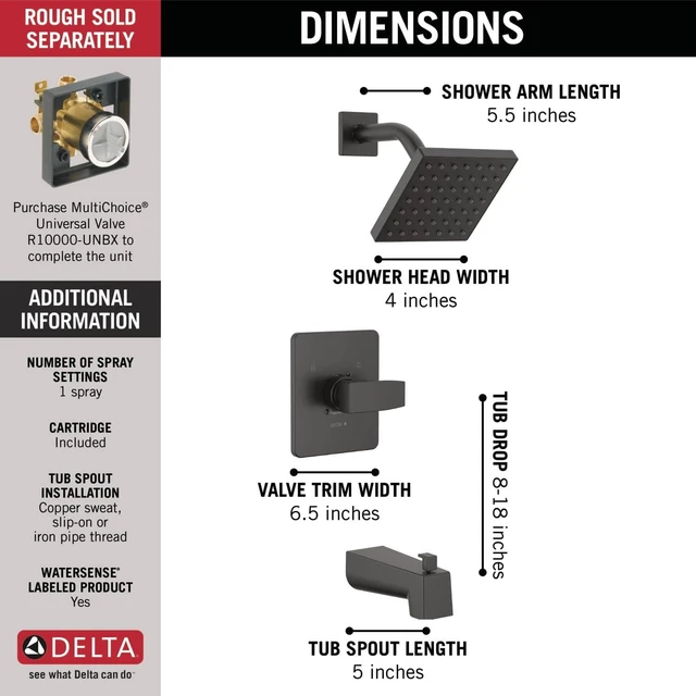 Alt view image 3 of 7 - Delta Modern 14 Series Square Bathtub and Shower Faucet Set, Matte Black Shower Head and Handle Set, Valve Trim Kit, Matte Black T14467-BL-PP (Valve Not Included)
