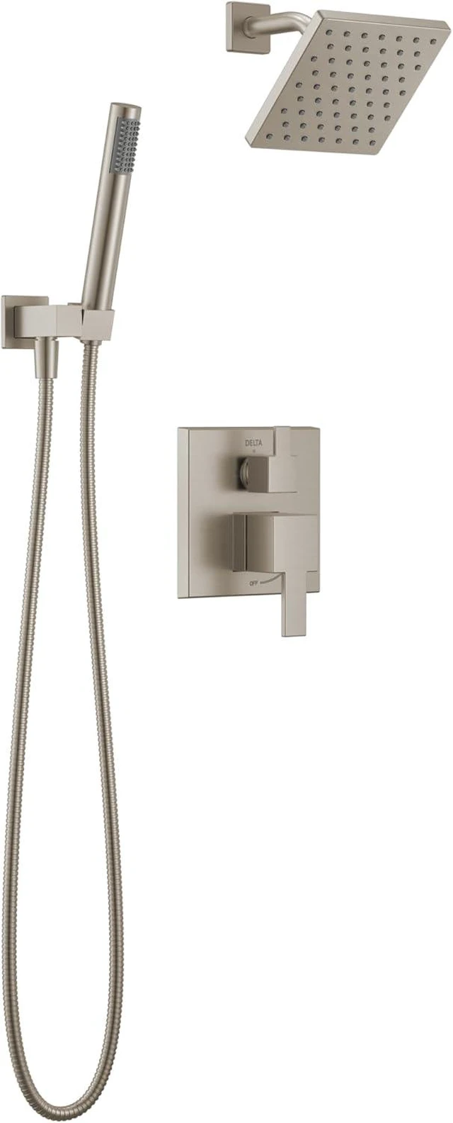 Main image of Delta Modern Square Shower System Faucet Set, Brushed Nickel 6.5-inch Shower Head and Handle Set, Valve Trim Kit, Spotshield Stainless T342703-SP (Valve Not Included)