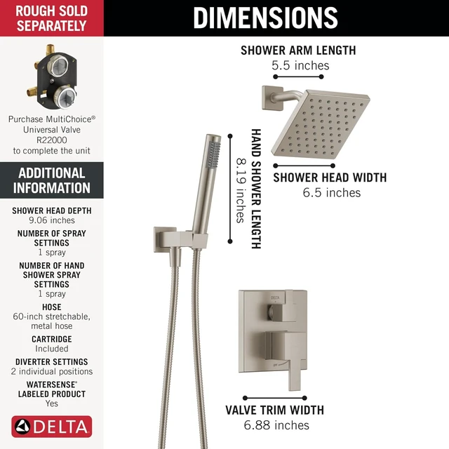 Alt view image 4 of 7 - Delta Modern Square Shower System Faucet Set, Brushed Nickel 6.5-inch Shower Head and Handle Set, Valve Trim Kit, Spotshield Stainless T342703-SP (Valve Not Included)