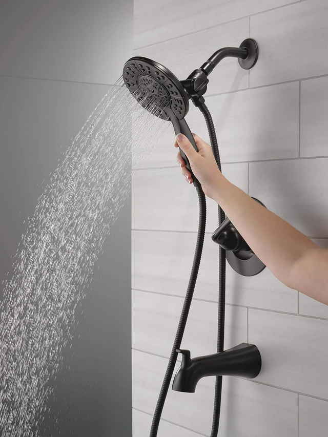 Alt view image 2 of 7 - Delta Arvo 14 Series Matte Black Bathtub Shower Faucet Set with In2ition 2-in-1 Dual Shower Head with Handheld Spray Combo, Valve Trim Kit, Matte Black 144840-BL-I (Valve Included)